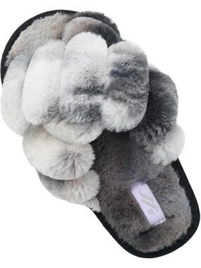 Women's Grey Black Fuzzy Fluffy House Criss Cross Furry Open Toe Slipper Shoes